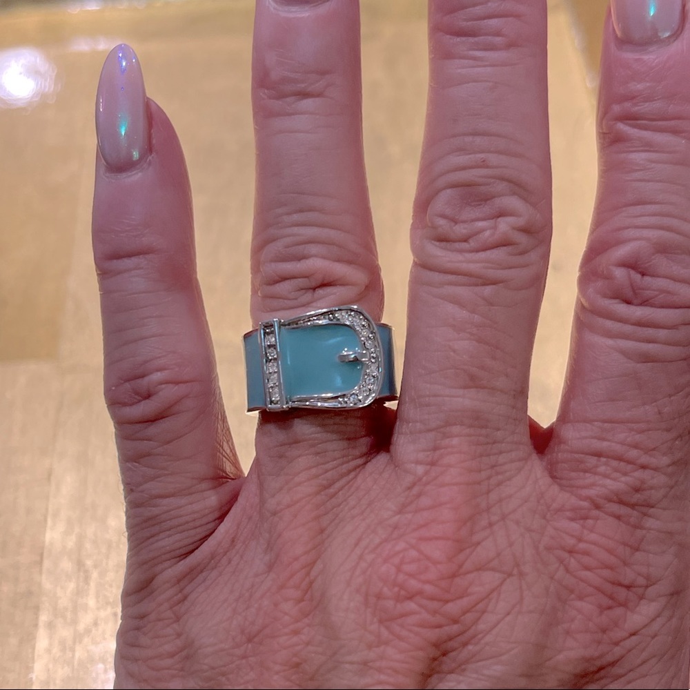 Belt Ring size 6 - teal w white stones